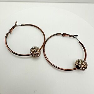 Vintage 70s 80s Hoop Earrings Copper Tone Rhinestone Bead Sparkle Drop Jewelry